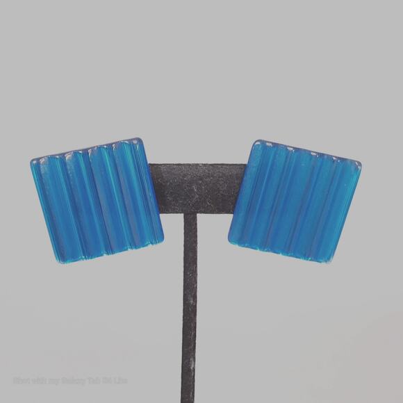 Corrugated Lucite Square Earrings Electric Blue Studs Pierced - Picture 2 of 9